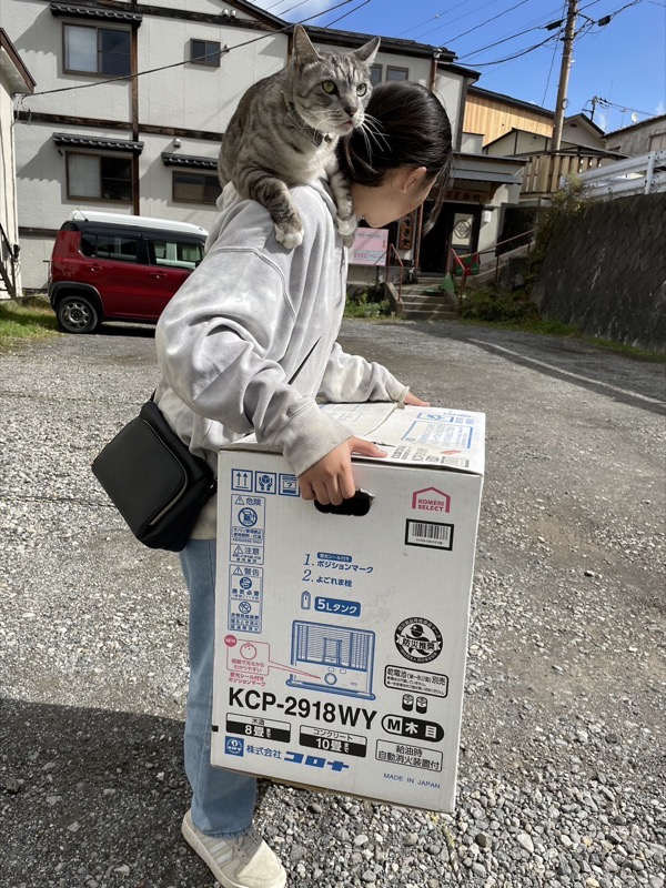 草津温泉中村屋旅館の猫コタロウ肩に乗る